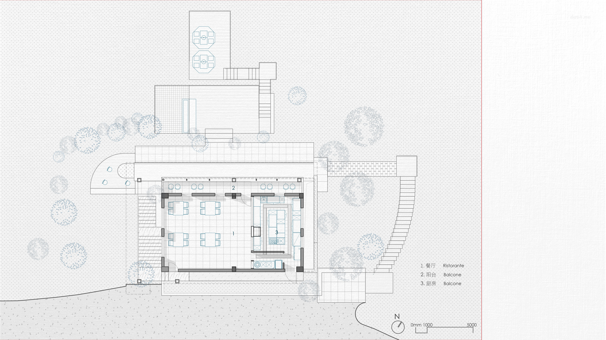 Floor plan drawing showing a rectangular volume with interior dining spaces and surrounding landscape with trees