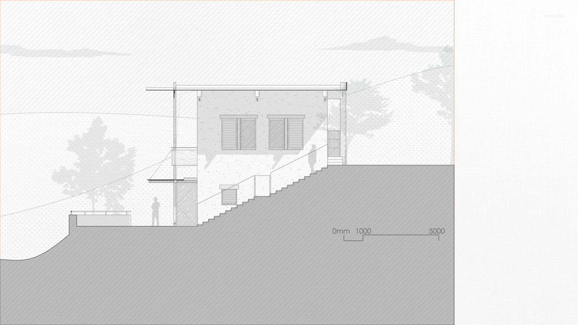 Section drawing revealing a two-level structure with exterior stairs ascending the sloped terrain