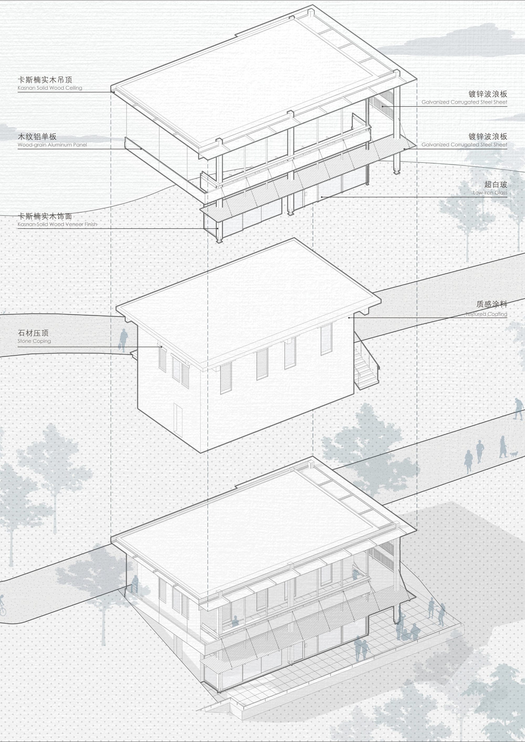 Exploded axonometric drawing illustrating the layered construction and assembly of three building volumes with human figures