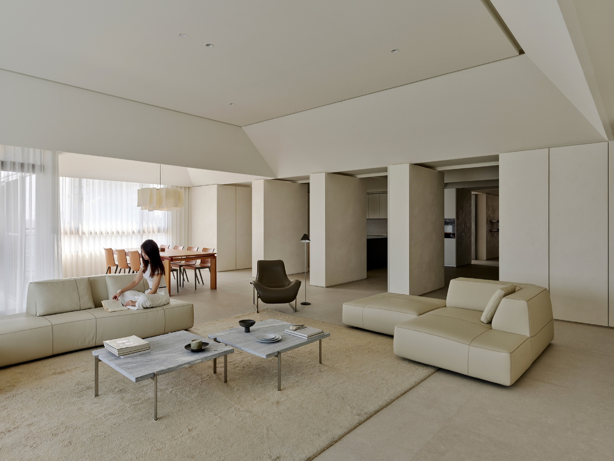 Wide living and dining space with vaulted ceiling and person seated on sofa