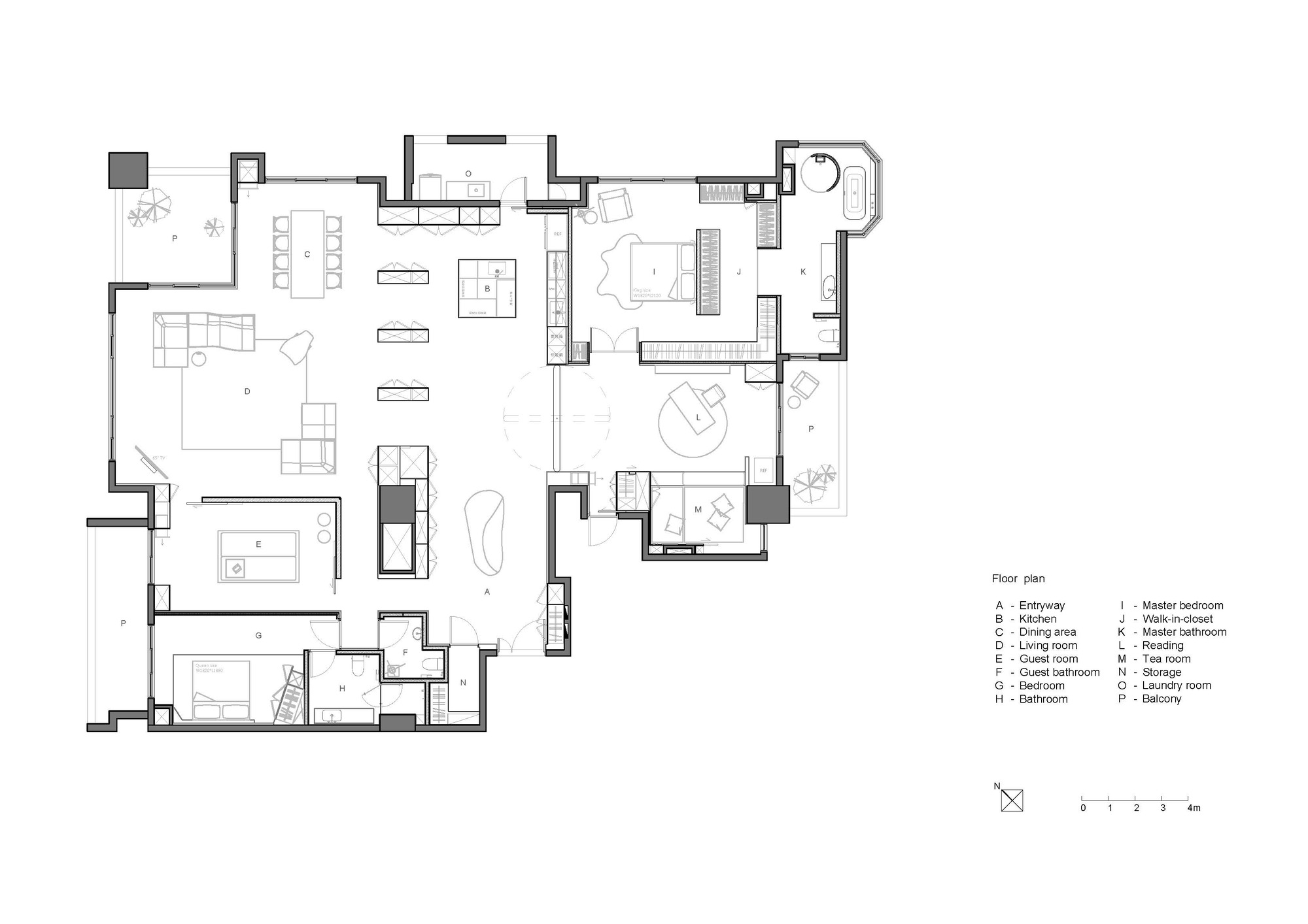 Floor plan drawing showing an apartment layout with living areas, bedrooms, and a curved balcony