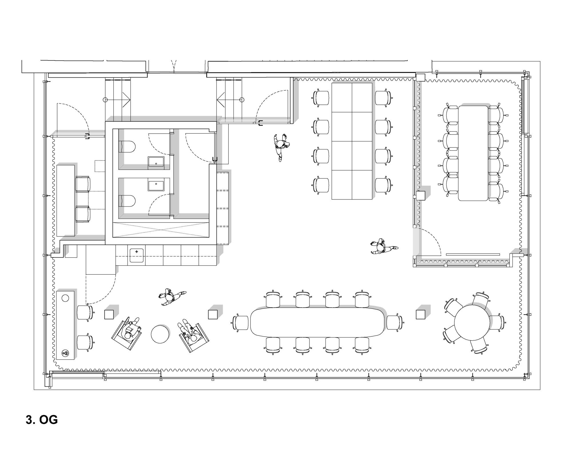 Third floor plan with open workspace, central meeting table, banquette seating, and service areas