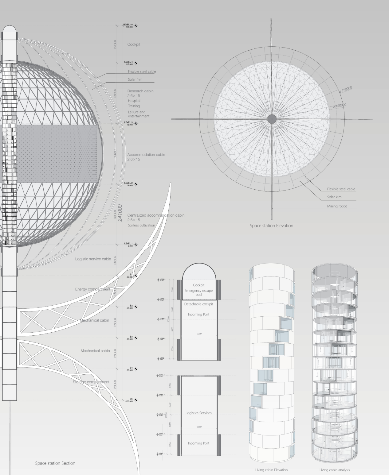 Technical section, elevation, and cabin organization of the space habitat.