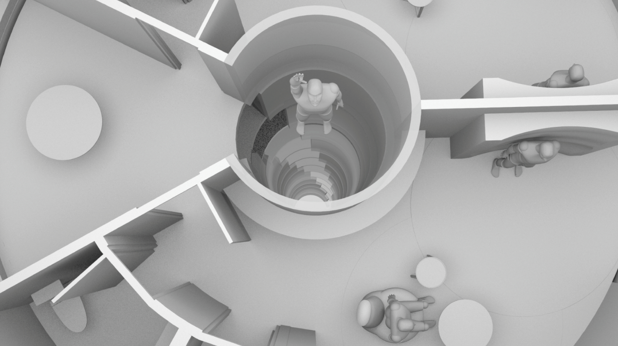 Vertical circulation connecting multiple levels of the cylindrical living module.