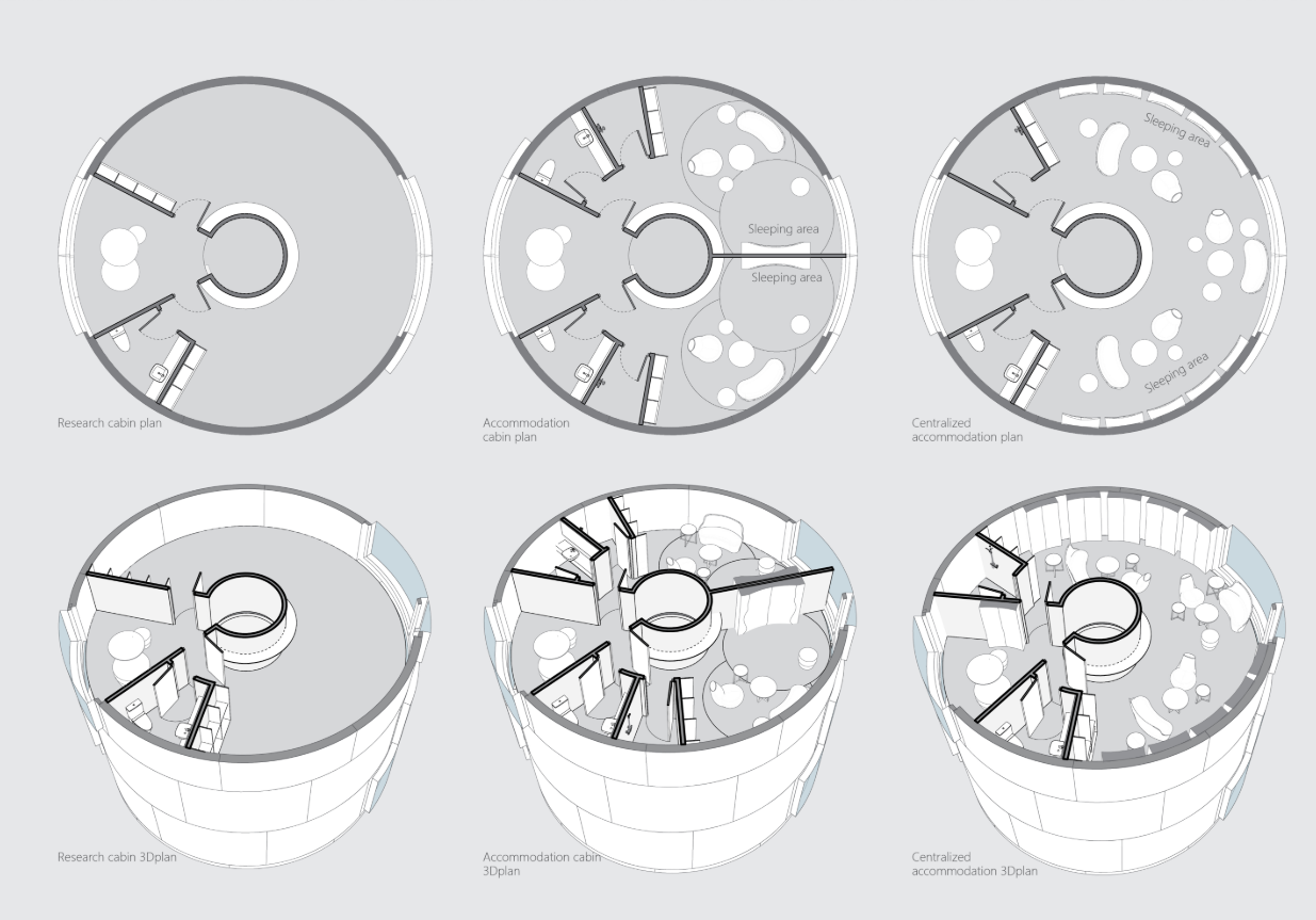 Research and accommodation layouts designed for long-duration space living.