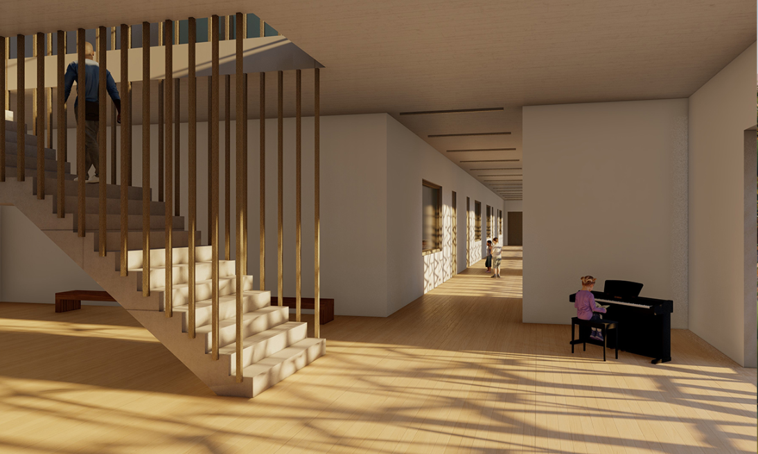 Warm timber, filtered sunlight, and open circulation create an inviting setting for music, learning, and interaction.
