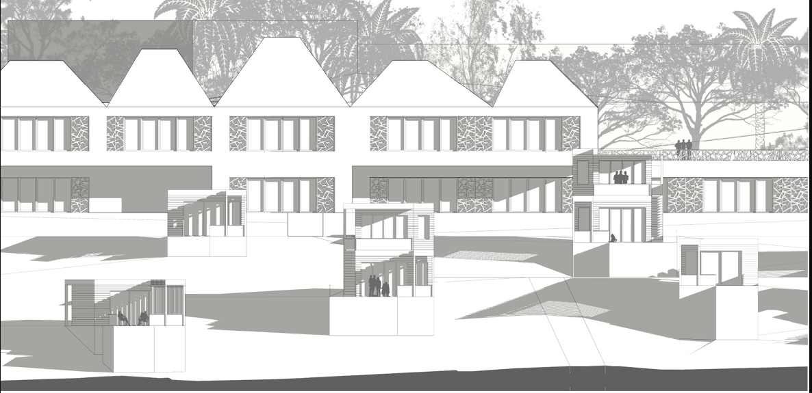 Architectural Elevation: Elevations reveal the relationship between the main complex, hillside accommodation, terraces, and landscape-responsive building forms.