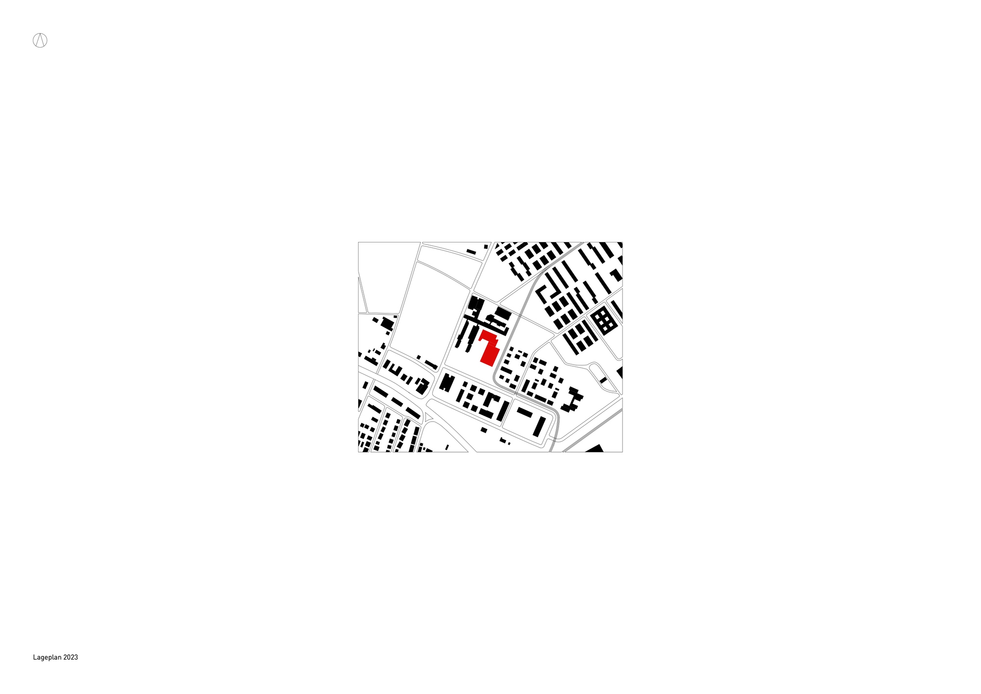 Site plan drawing showing the building footprint highlighted in red within the surrounding urban fabric
