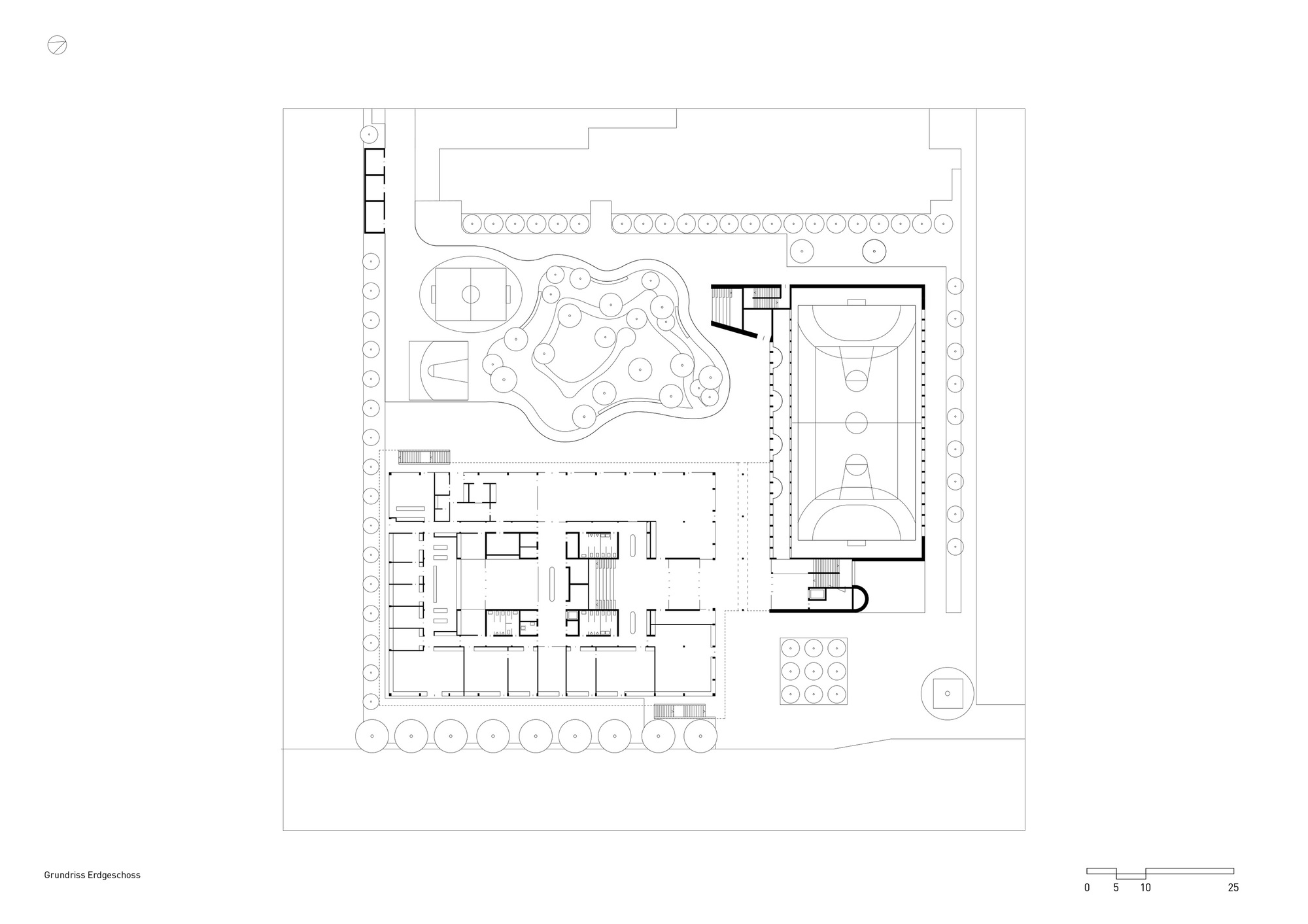 Ground floor plan drawing showing interior classrooms and an outdoor playground with trees