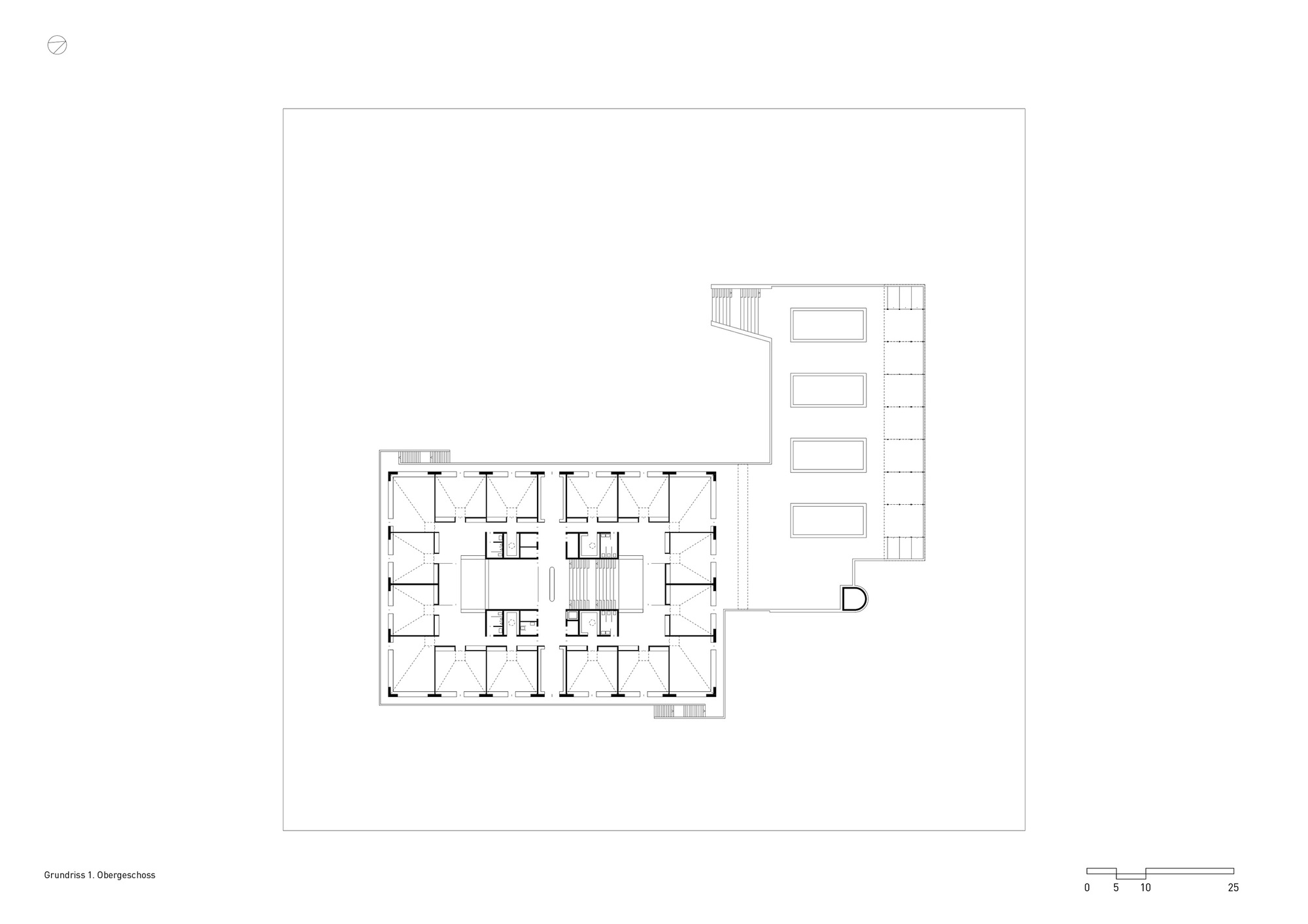 Floor plan drawing showing a rectangular building with central circulation core and adjacent linear wing