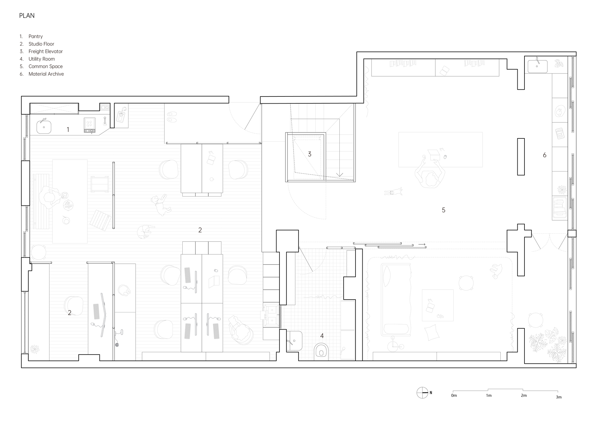 Floor plan drawing showing multiple workspaces and rooms arranged around a central stair and service core