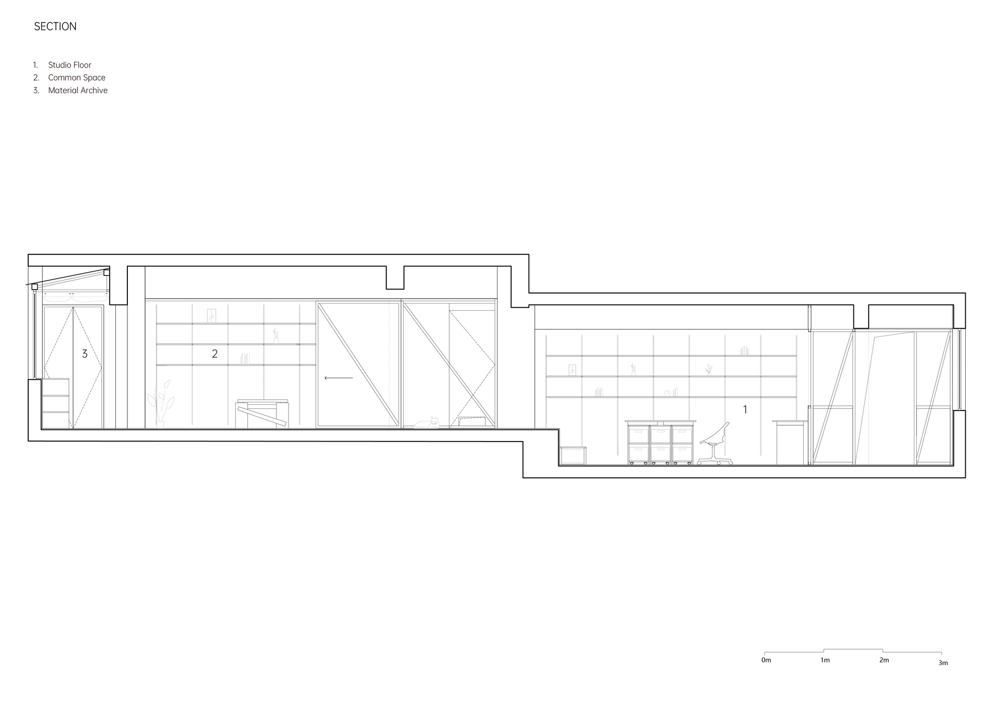 Section drawing cutting through two levels showing diagonal bracing, suspended ceilings and room divisions