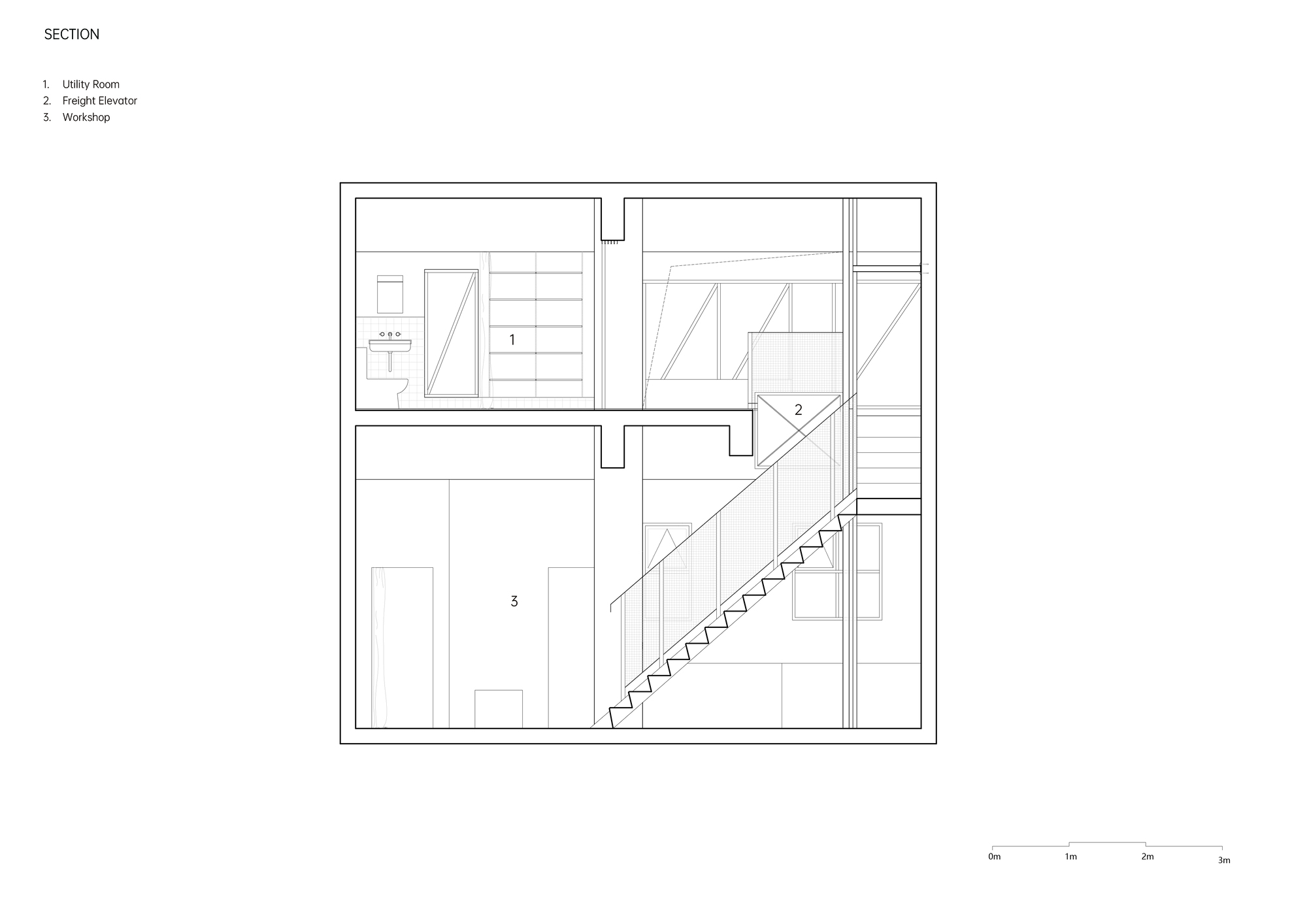 Section drawing showing a two-story space with a central staircase and overhead mezzanine work areas