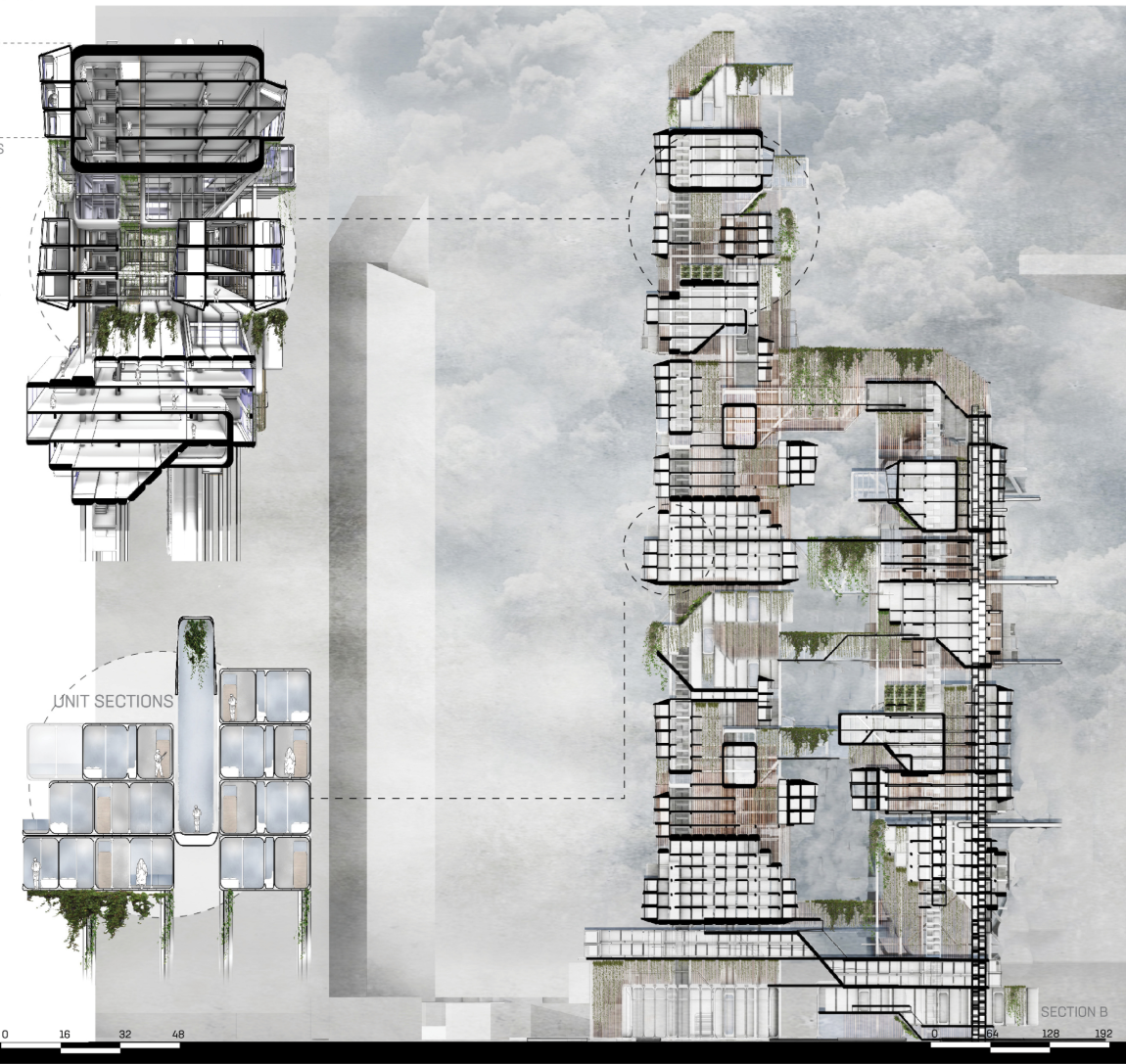 RUKO’s sectional study reveals stacked modular homes, shared spaces, and planted voids forming a vertical neighbourhood.