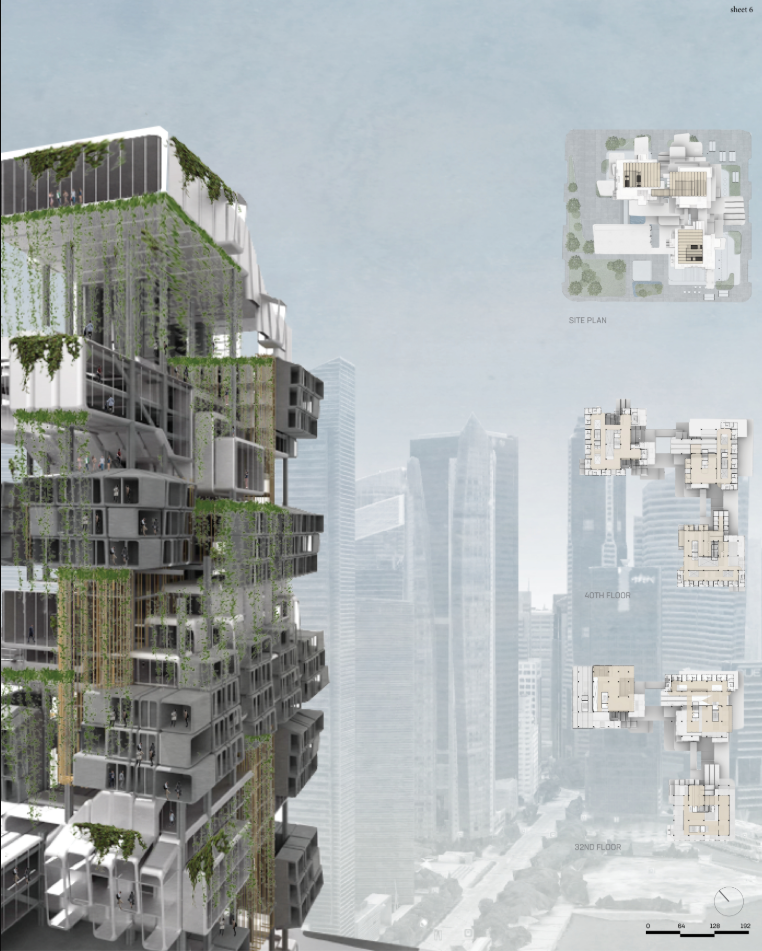 The green high-rise façade integrates residential modules, terraces, and vertical planting within Singapore’s urban skyline.