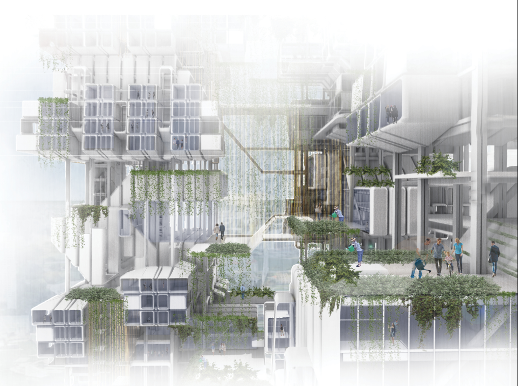 A lush communal terrace connects modular living units through gardens, circulation paths, and shared social spaces.