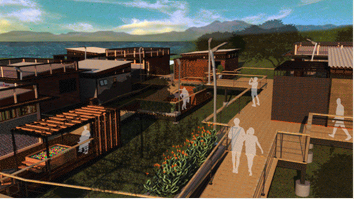 Elevated walkways connect stilt homes with landscaped communal spaces and scenic waterfront views.