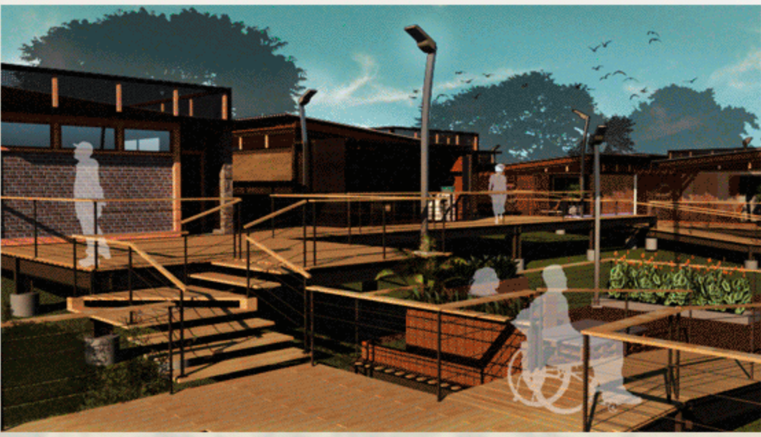 Layered decks and accessible pathways create an inclusive shared neighborhood environment.