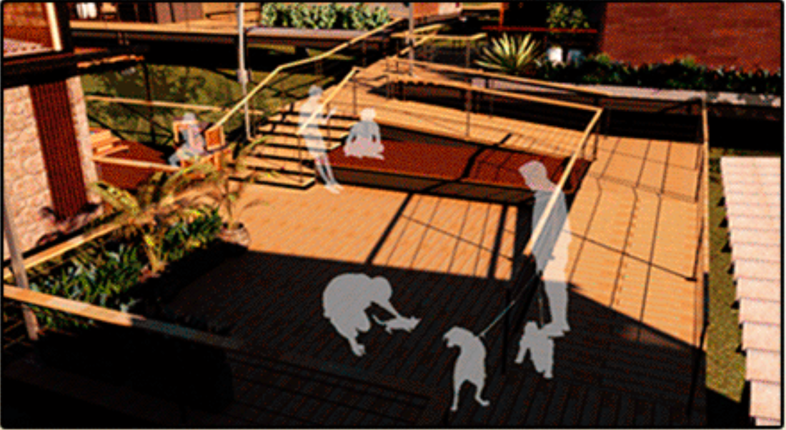 Terraced public spaces transform circulation into places for leisure, interaction, and community life.