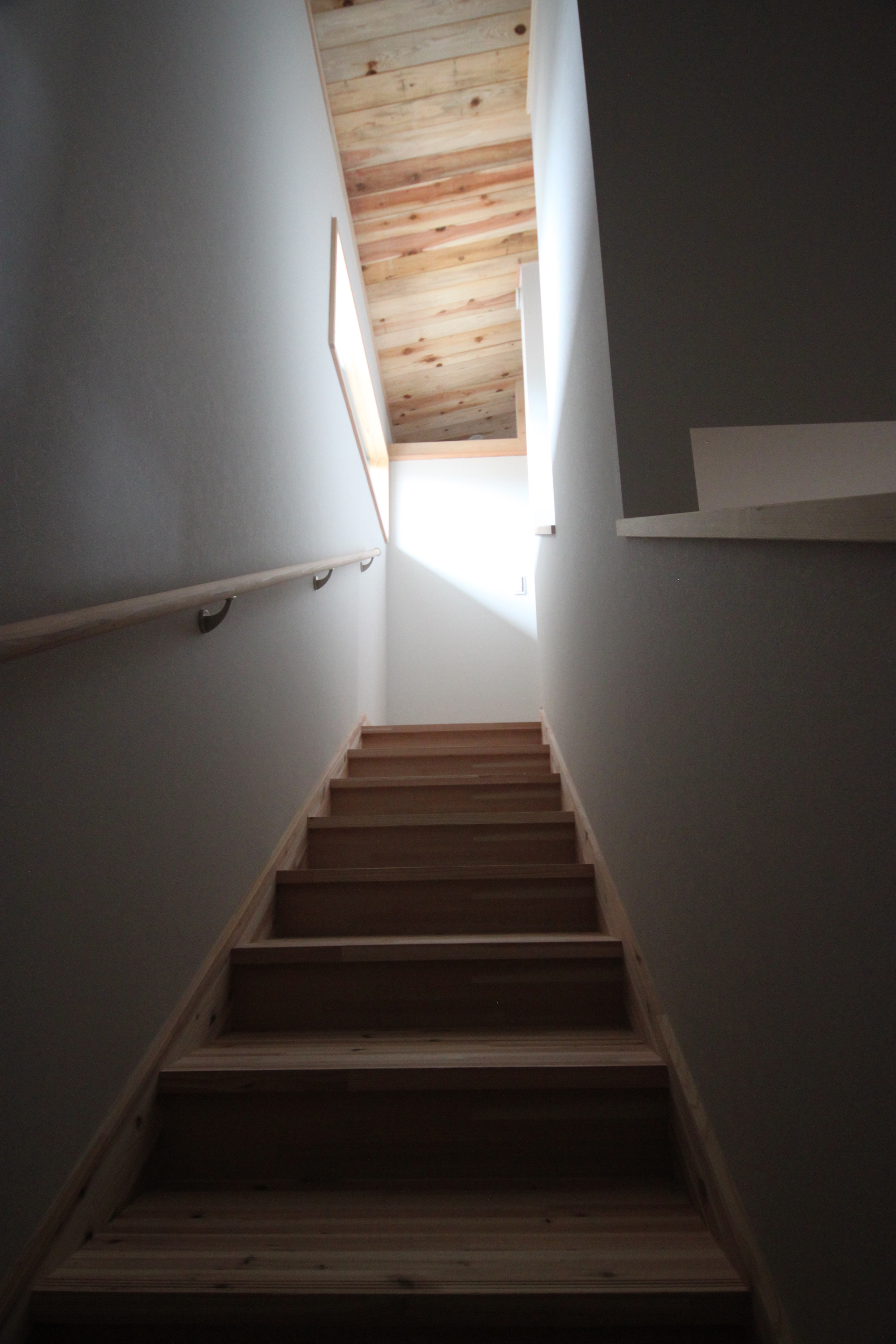 Timber staircase ascending between white walls toward an exposed wood ceiling and skylight above