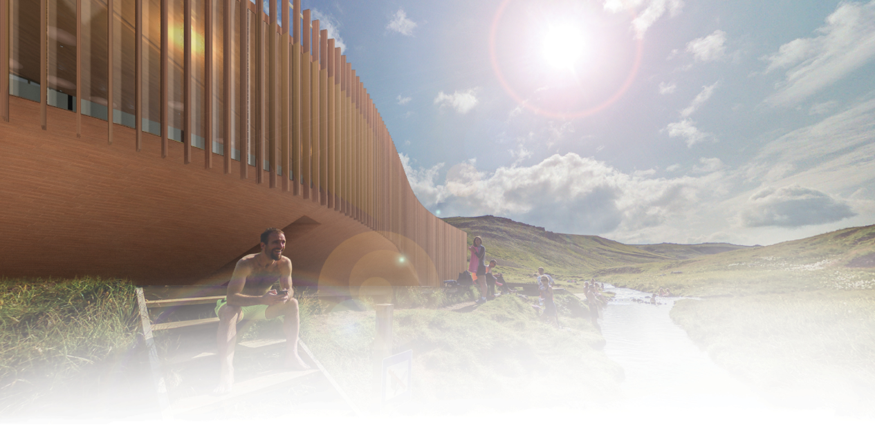 Hjerta’s timber facade curves along the thermal river, blending architecture with Iceland’s rugged landscape