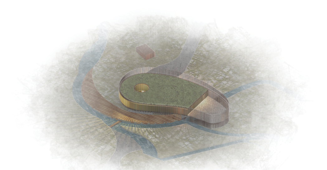 The axonometric view shows Hjerta’s curved timber form and green roof merging with the thermal river and surrounding Icelandic terrain