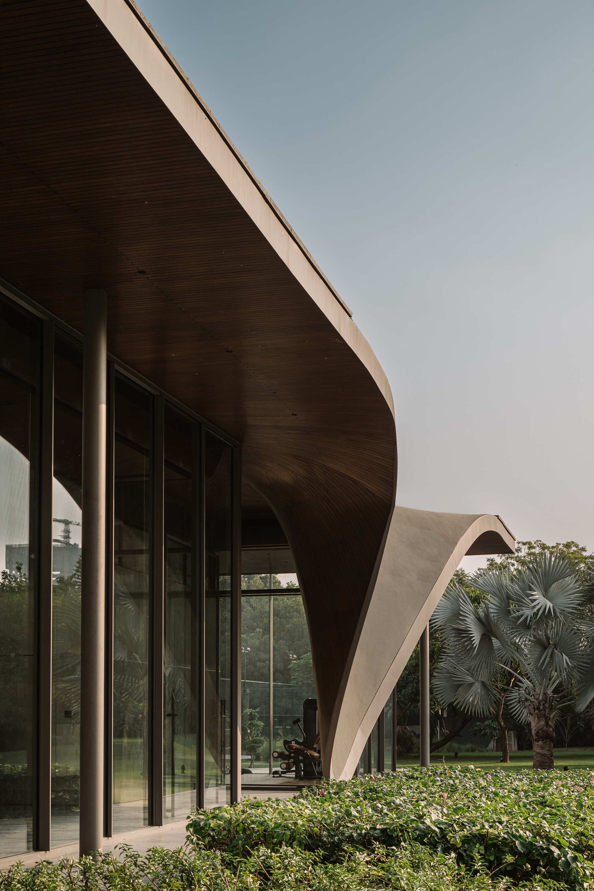 Close-up of the curved roof soffit clad in horizontal timber slats above glass walls