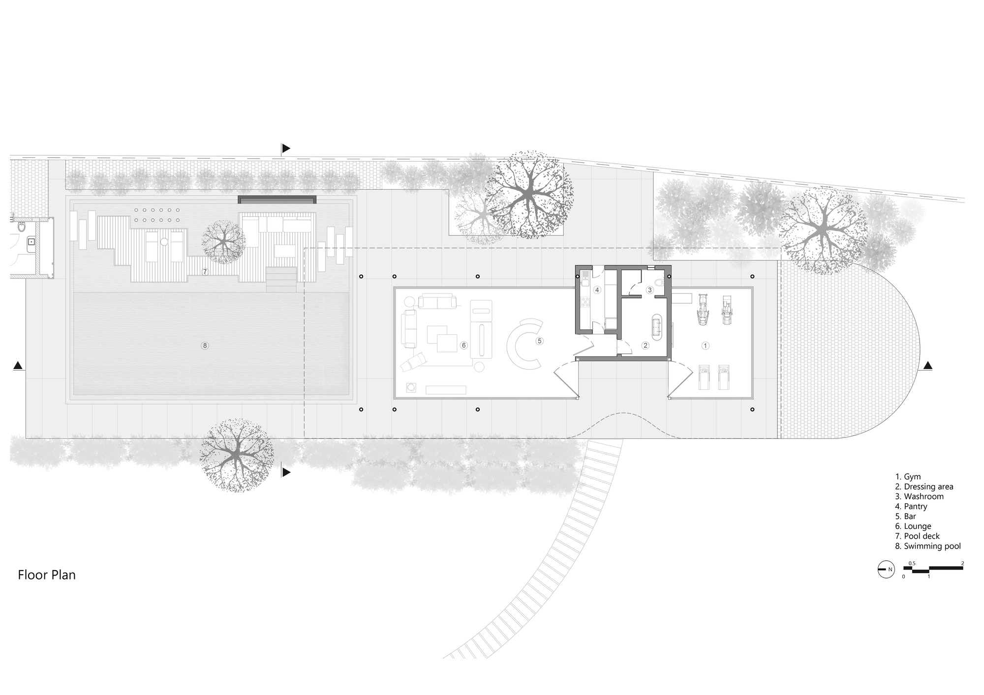 Floor plan drawing showing linear arrangement of rooms with pool and curved stair alongside planted areas