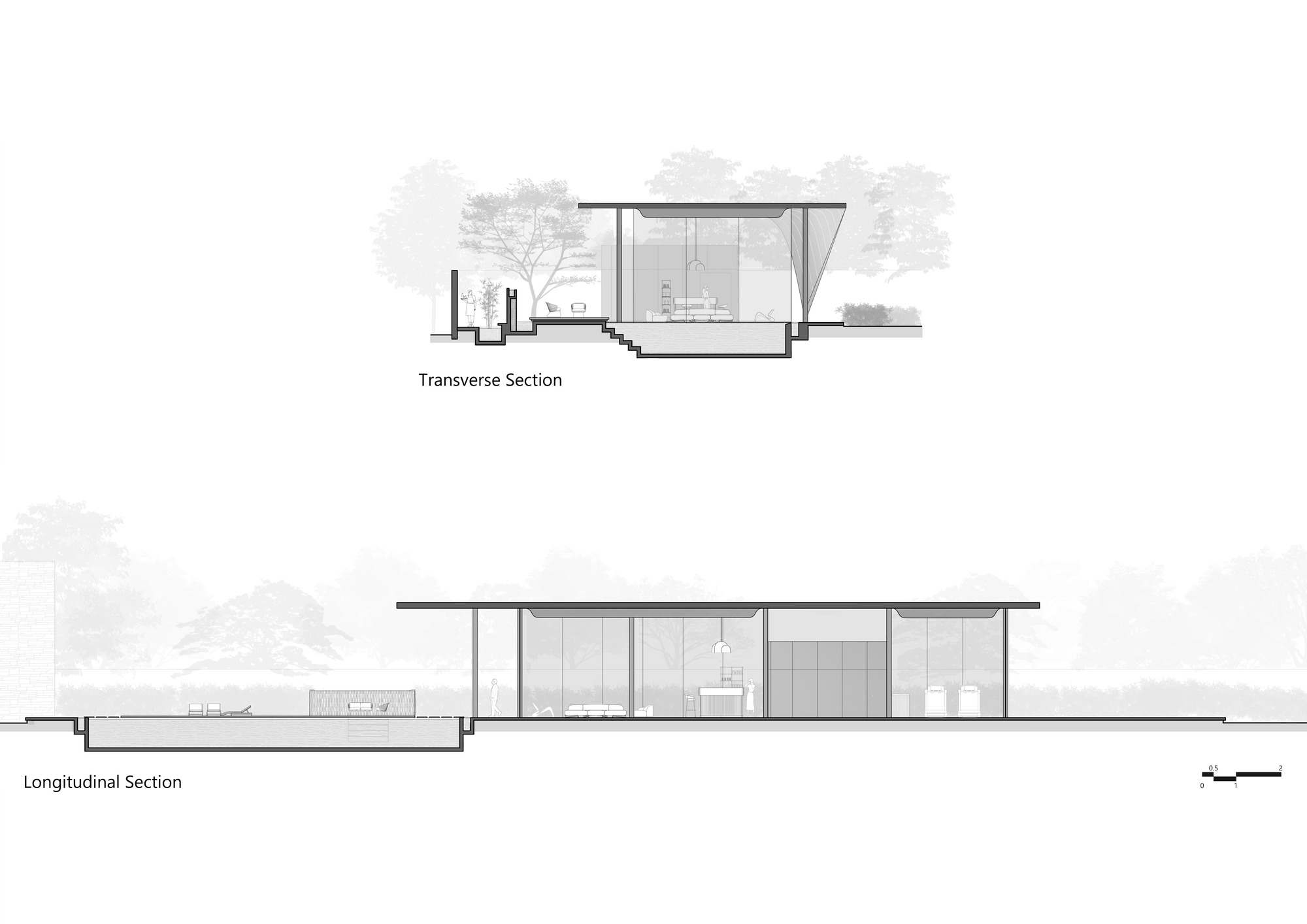 Transverse and longitudinal section drawings showing pavilion profile with pool and surrounding landscape in elevation