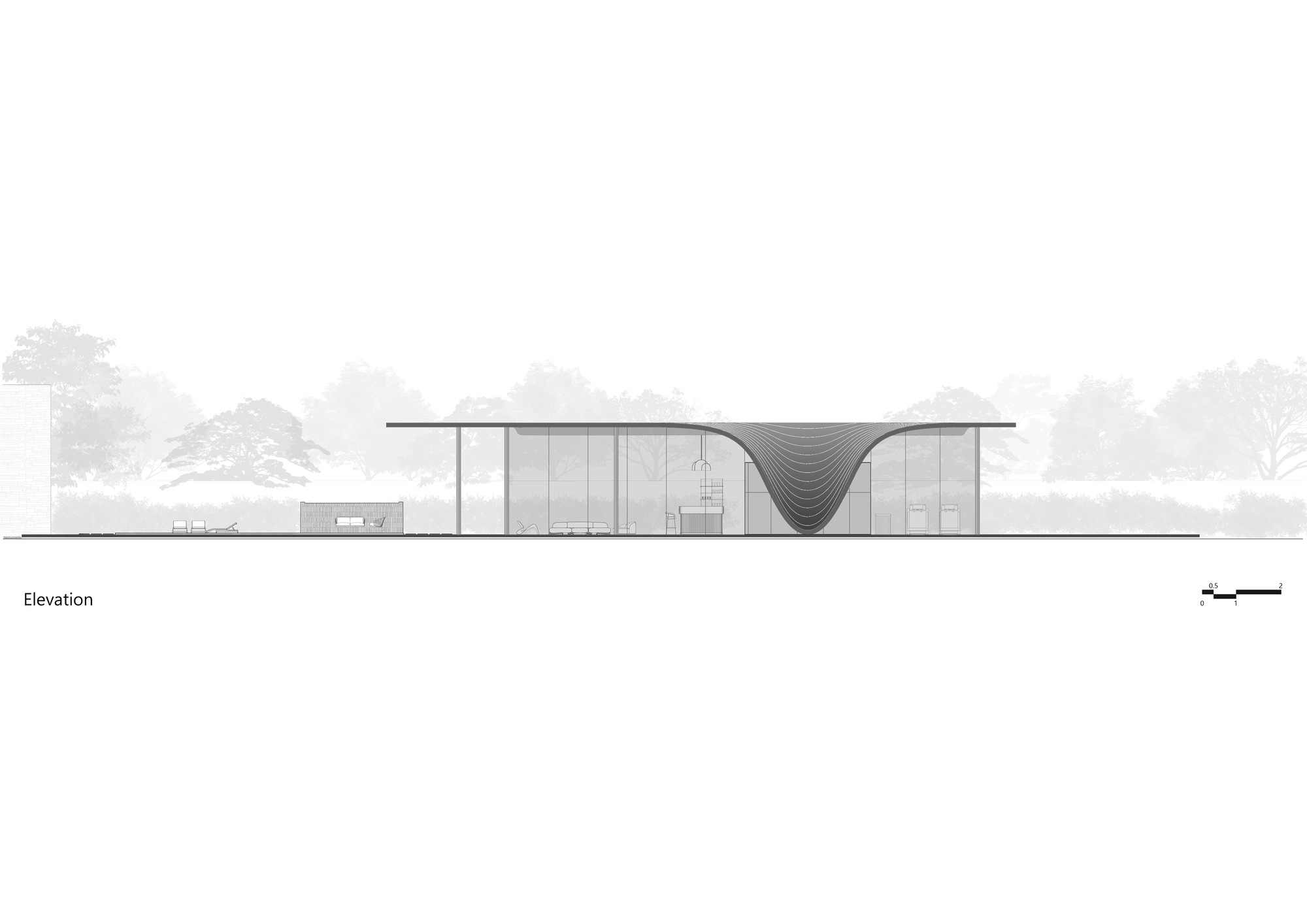 Elevation drawing showing a flat roof with a central catenary dip between glass walls and flanking volumes