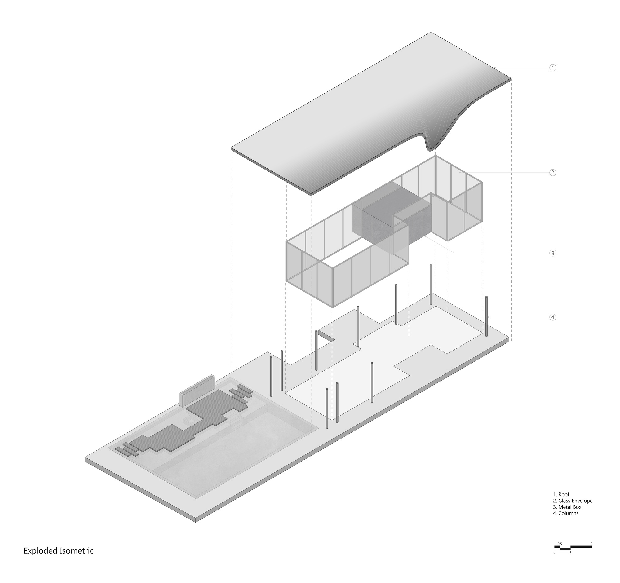 Exploded isometric drawing revealing the roof, glass envelope, metal box, and ground plane with landscaping