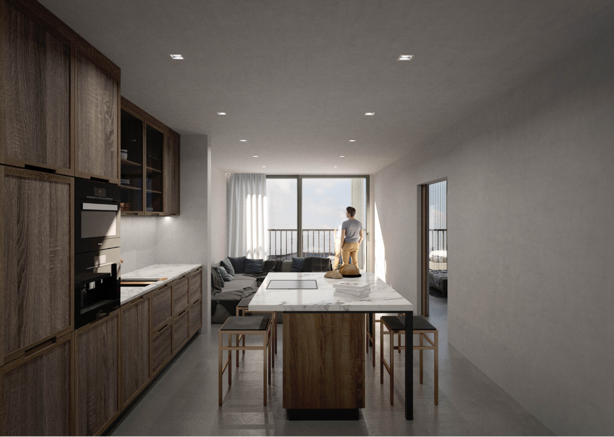 A compact one-bedroom unit designed with warm materials, natural light, and a calm domestic atmosphere.