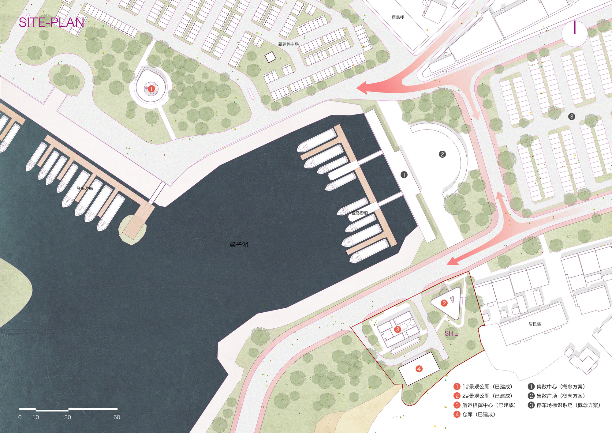 Site plan drawing showing waterfront marina, roadways, parking areas and adjacent green spaces