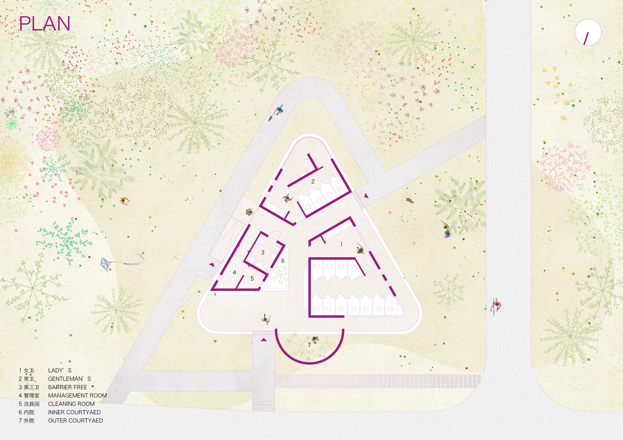Floor plan drawing of a triangular building with interior courtyards and surrounding landscape