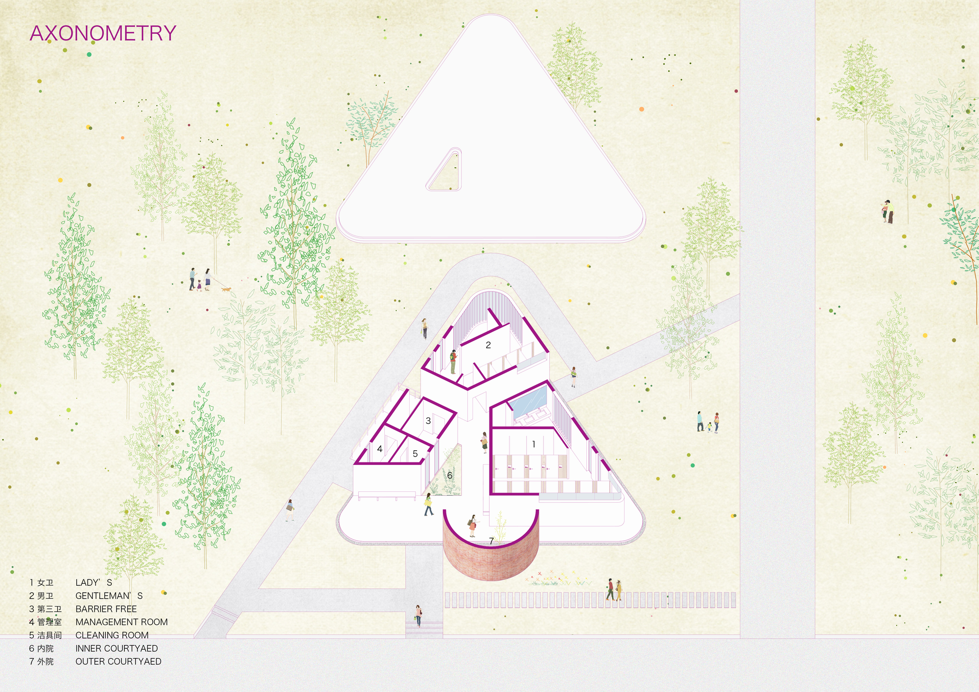 Axonometric drawing showing triangular volumes with courtyards, trees and figures in the landscape