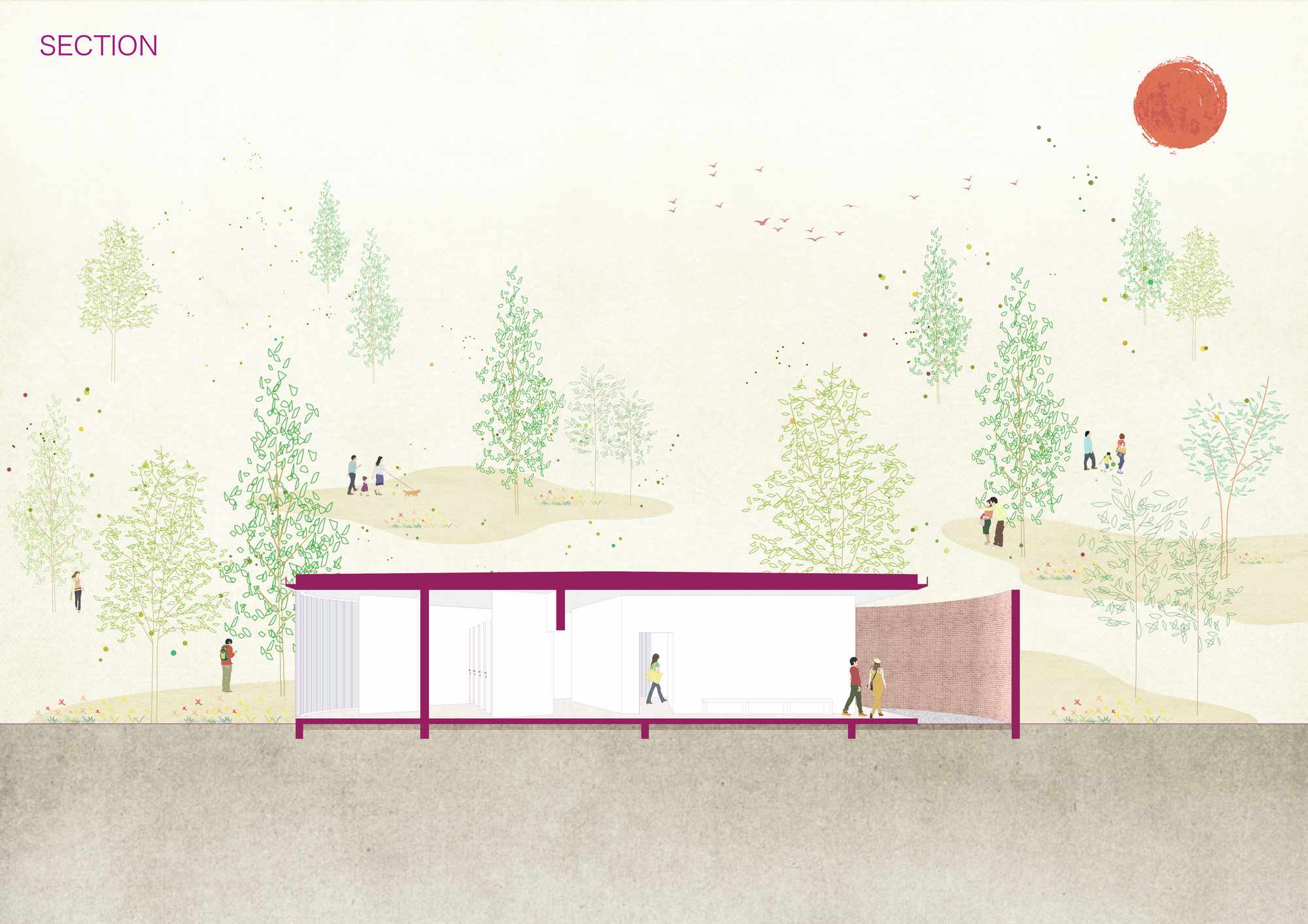 Section drawing showing the low-slung building nestled among deciduous trees with people scattered on sloping terrain