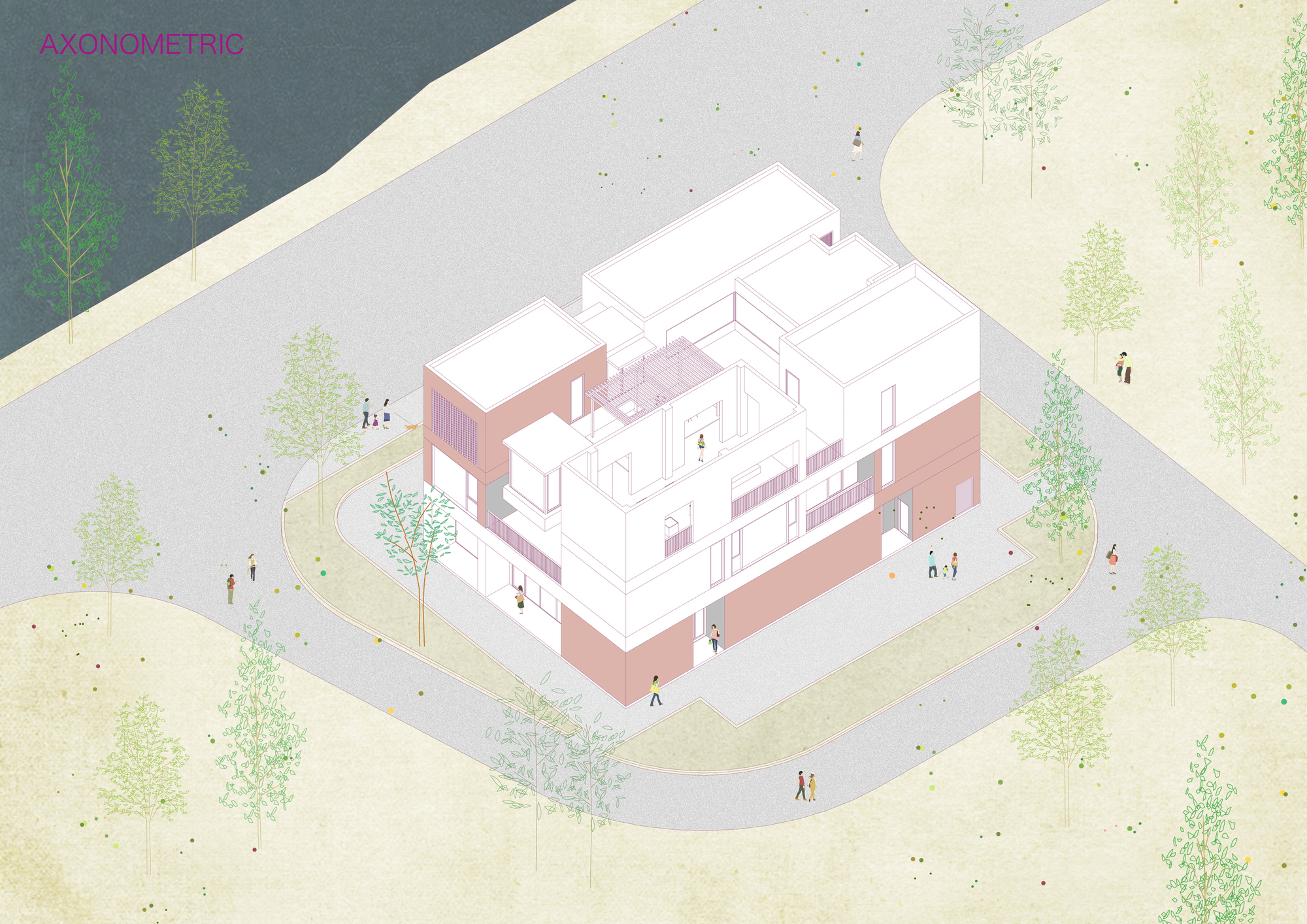 Axonometric view of the white and terracotta-clad building surrounded by paths, trees and pedestrians