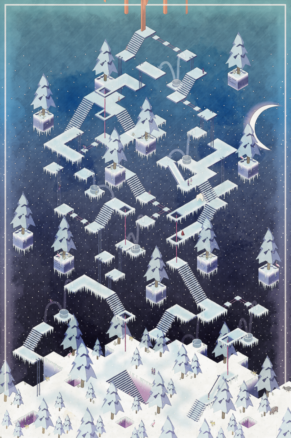 Snowy floating pathways transform the forest into an endless architectural maze.