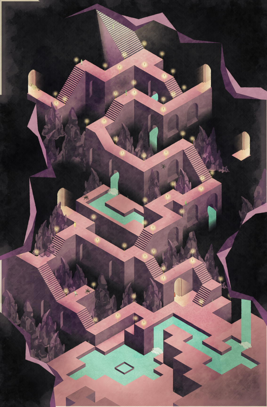 A glowing labyrinth of stairs and passages creates a surreal journey through darkness.