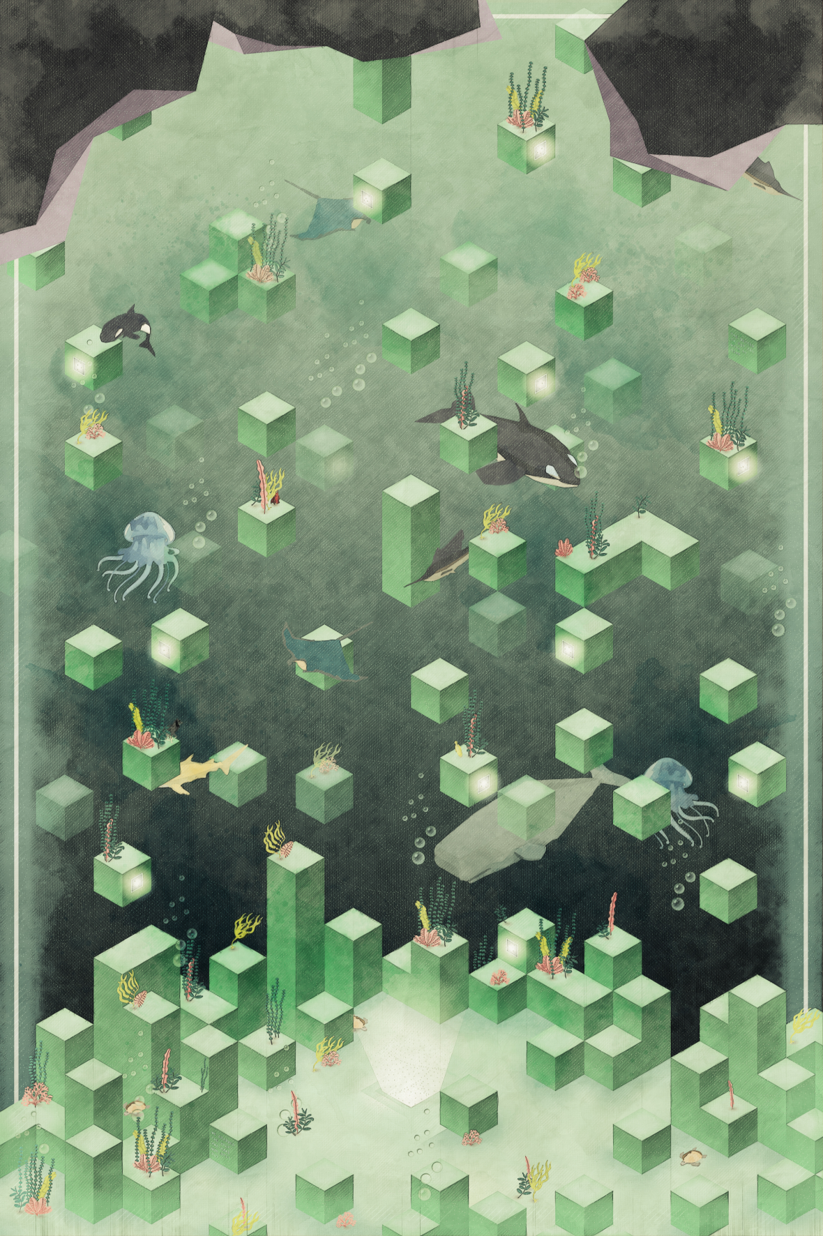 An underwater landscape blends cubic architecture with marine life and abstract navigation.