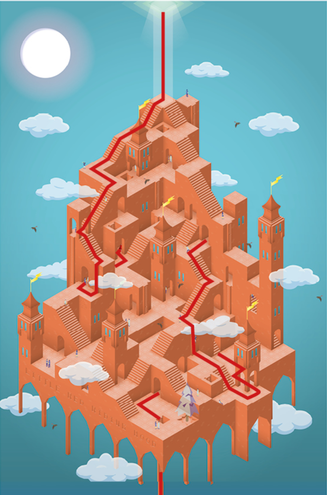 A red route climbs through an impossible isometric city inspired by looping narratives and spatial illusion.