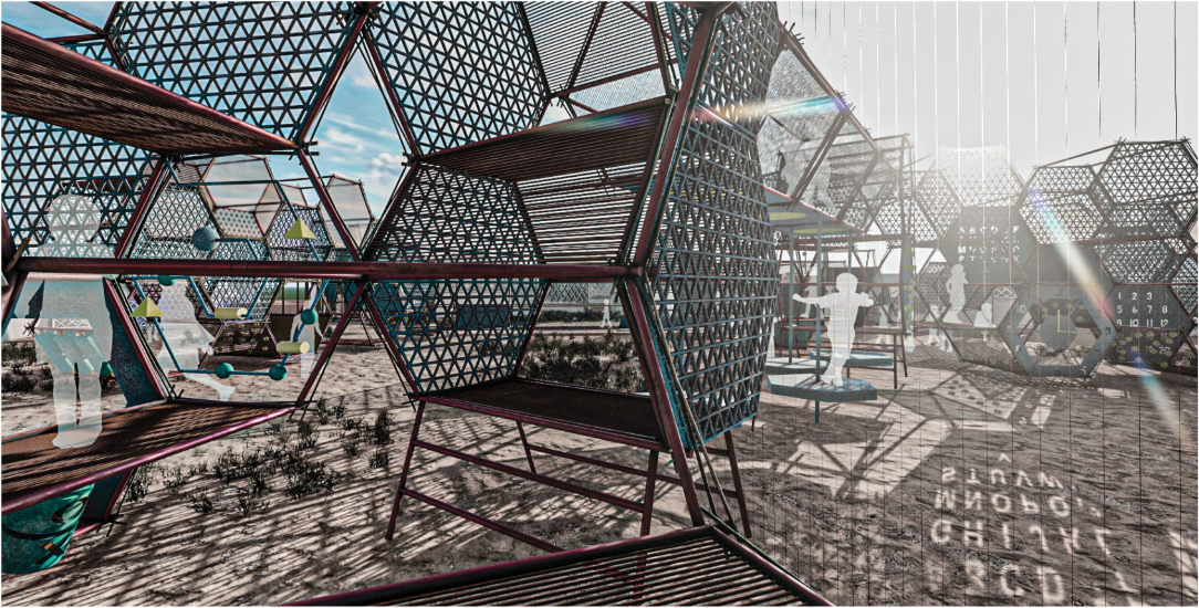 Play-Hive’s modular bamboo framework creates an open landscape for learning, movement, and exploration.