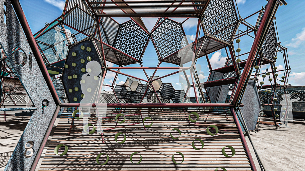 Interactive play elements transform the hexagonal modules into spaces for climbing, balance, and physical learning.