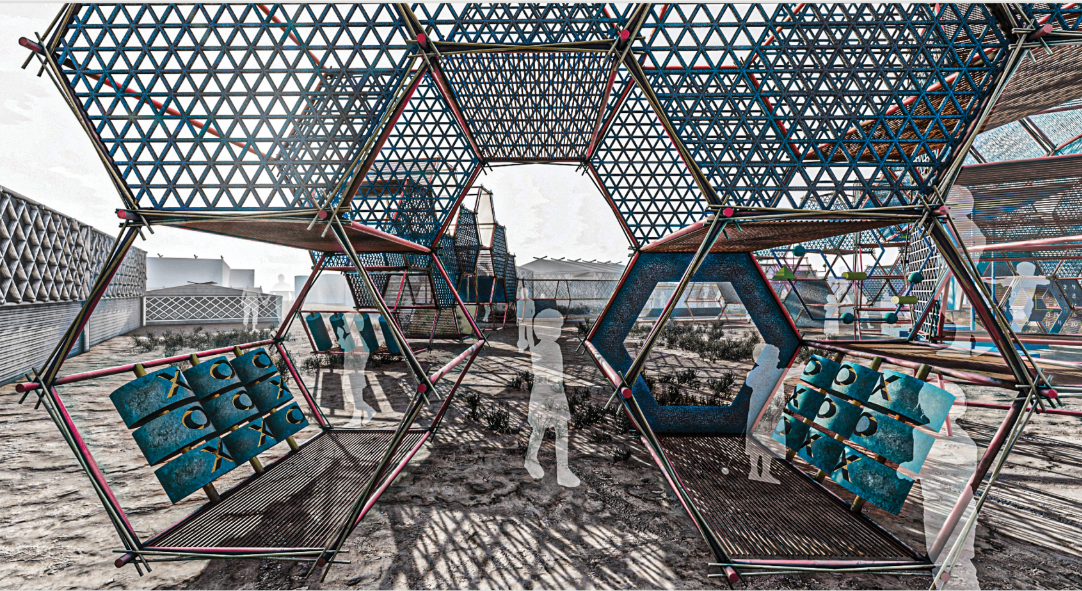 Connected hive-like structures support communication, activity, and social interaction within the playground