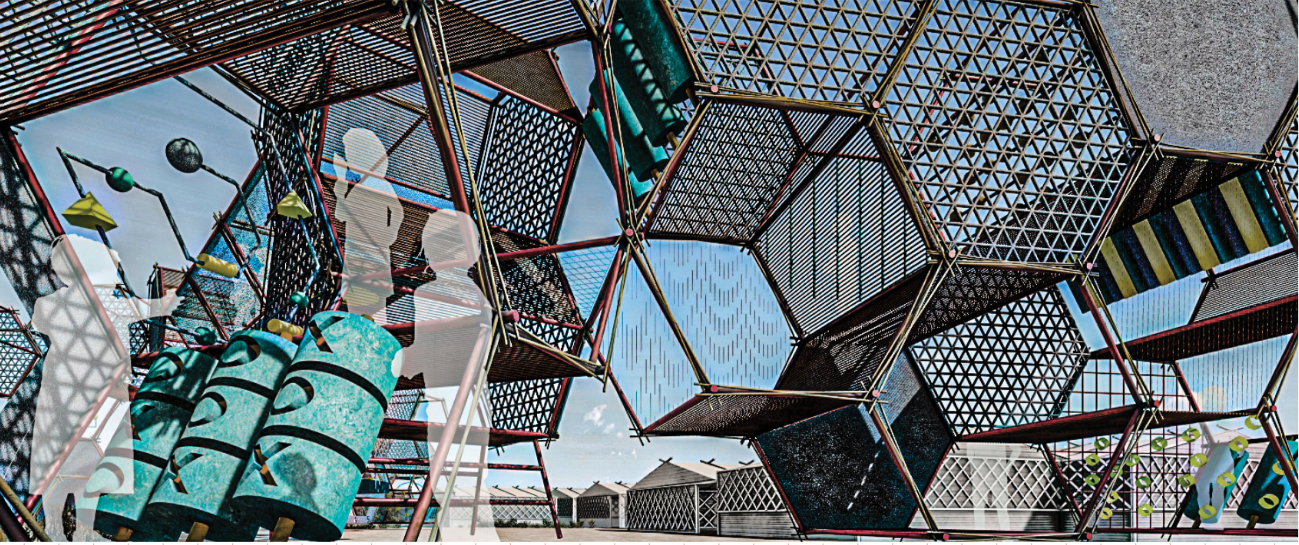 Bamboo frames, woven panels, and playful installations shape an immersive environment for children.