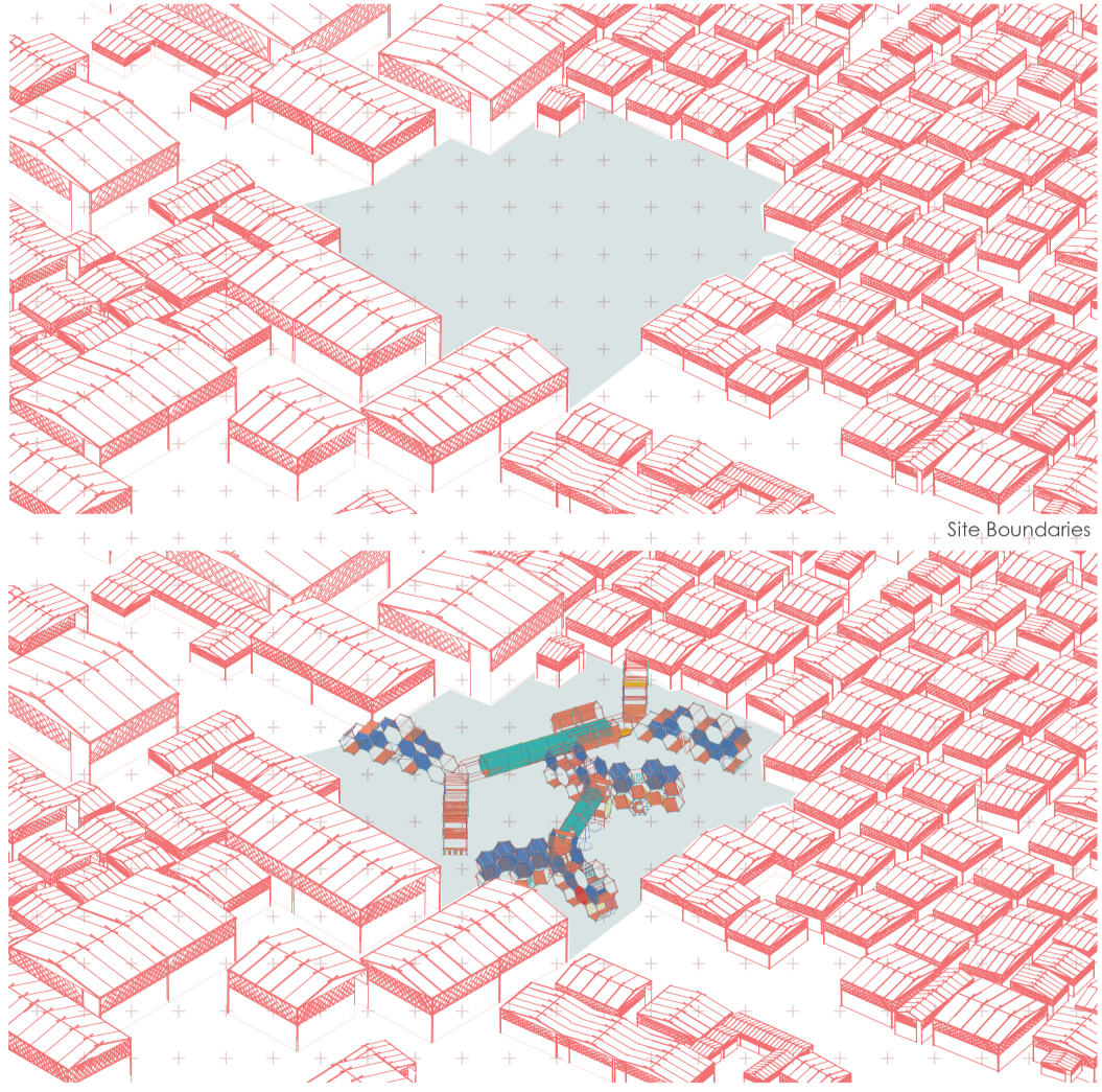 The site strategy inserts Play-Hive’s branching modular network into an open space within Kutupalong Camp