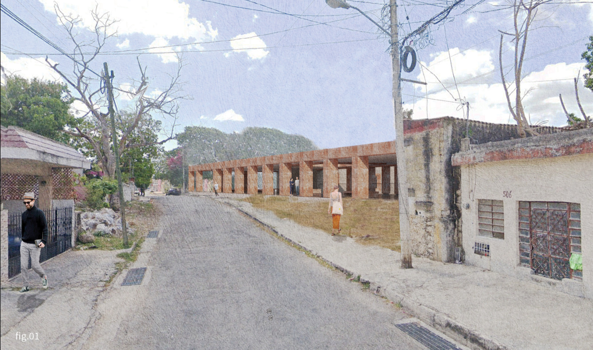 Street view showing the observatory’s low, colonnaded form integrated into the surrounding neighborhood.