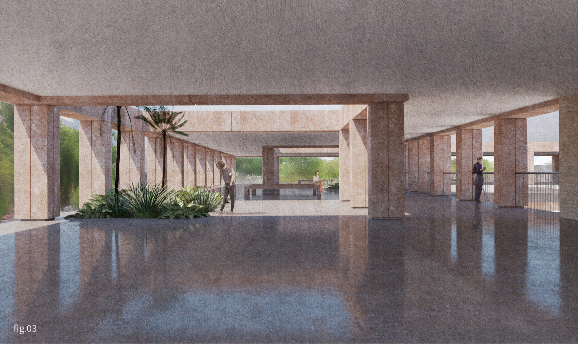 Open colonnade and planted courtyard creating a shaded space for movement, gathering, and observation.