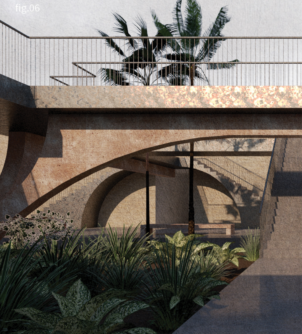 Sunken courtyard with sculptural stairs, dense planting, and layered connections between levels.