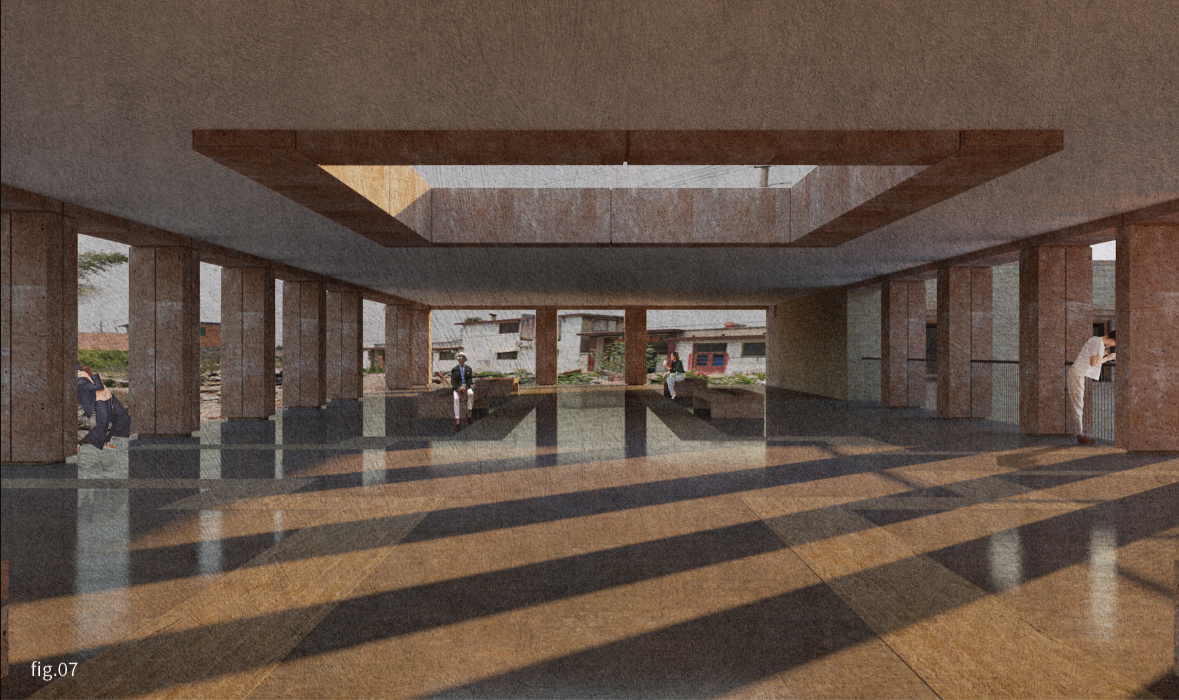 Central open space shaped by natural light, deep shadows, and repetitive structural columns.
